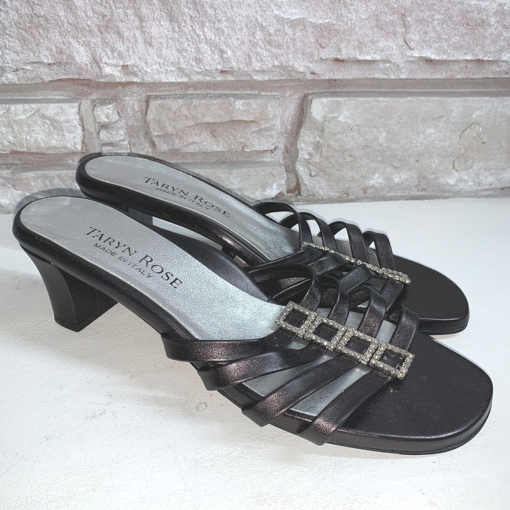 Taryn Rose Metallic Pewter Leather Crystal Strappy Slide Sandals Mules Italy 39